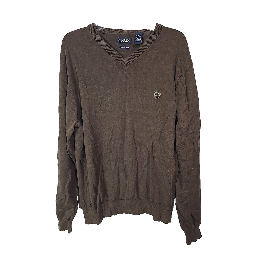 Chaps Brown V-Neck Cotton Silk Knit Long Sleeve Pullover Sweater Men's Size XL